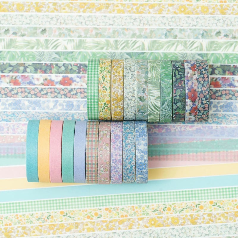 YUBX Vintage Washi Tape Set 20 Rolls Skinny Retro Decorative Antique Patterns Masking Tapes for Arts, DIY Crafts, Journals, Planners, Scrapbook, Wrapping (Nature) - Image 3
